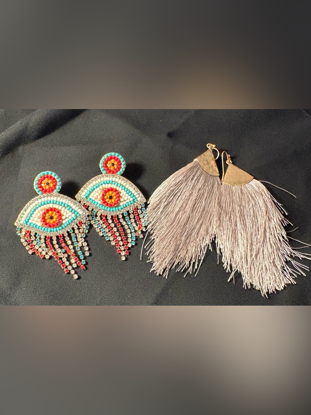 Beaded Multicolor Evileye & Fringe Statement Earrings Set - Unbranded